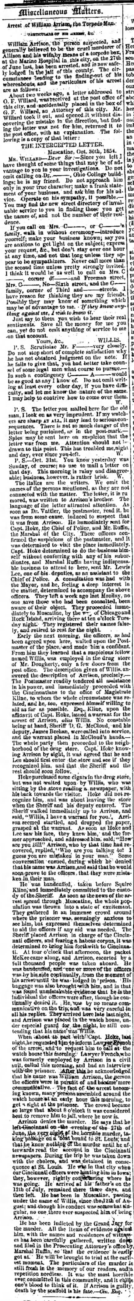 Arrest of Wm Arrison, the Torpedo Man, The Weekly Wisconsin, 22 Nov 1854
