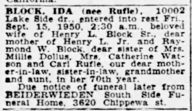 Ida B. Rufle Block Obituary
