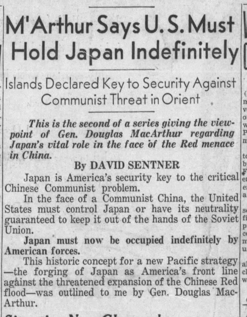 General MacArthur Comments on Far East Situation, SF Examiner, 31 Aug 1949, p.1