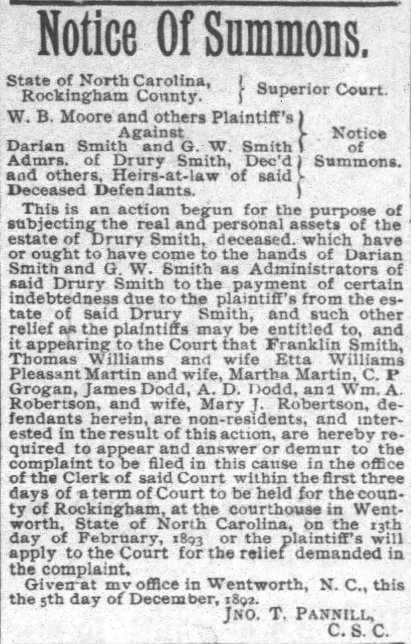 Reidsville Review Jan. 6, 1893 - Martha Smith Martin
