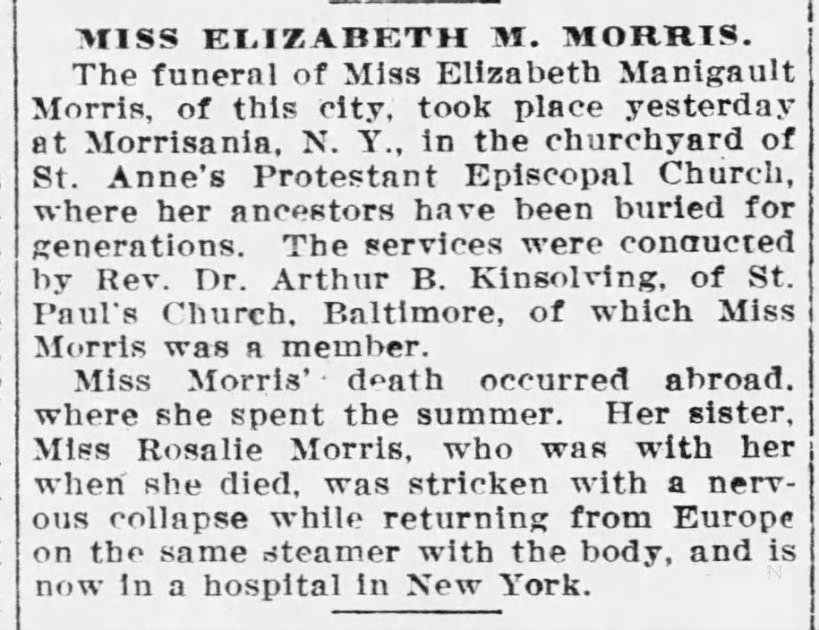 Funeral Held for Miss Elizabeth Manigault Morris