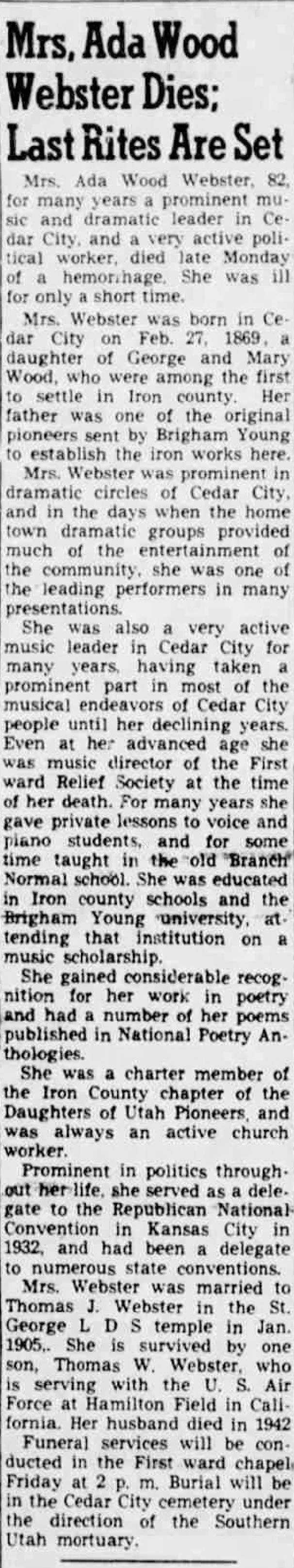 Ada Wood Webster Iron County Record Feb 22, 1951