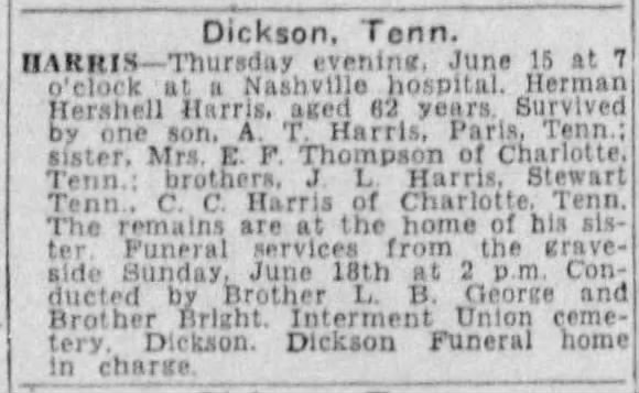 Herman Hershell Harris Obit June 18, 1950 Brother of John L. Harris