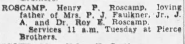 Henry P Roscamp death notice in paper 1938. No mention of his son Henry W. Roscamp