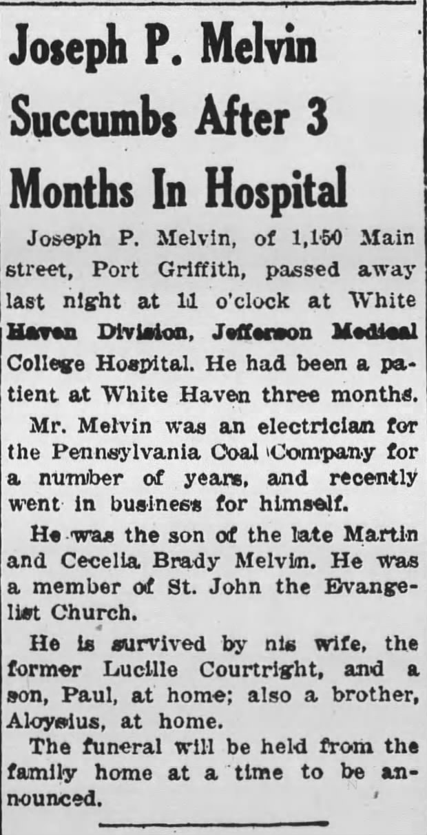 Joseph P Melvin-- d 22 Apr 1951