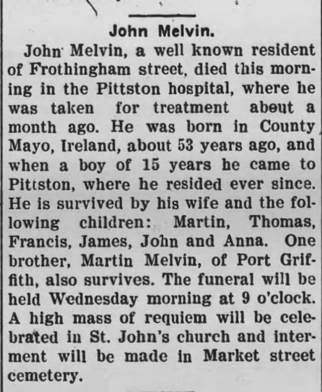 John Melvin- bro of Martin- d 9 Mar 1903