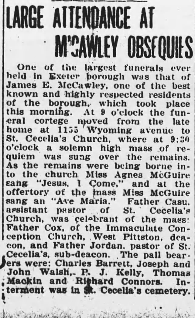 James E McCawley funeral- 21 Jun 1921