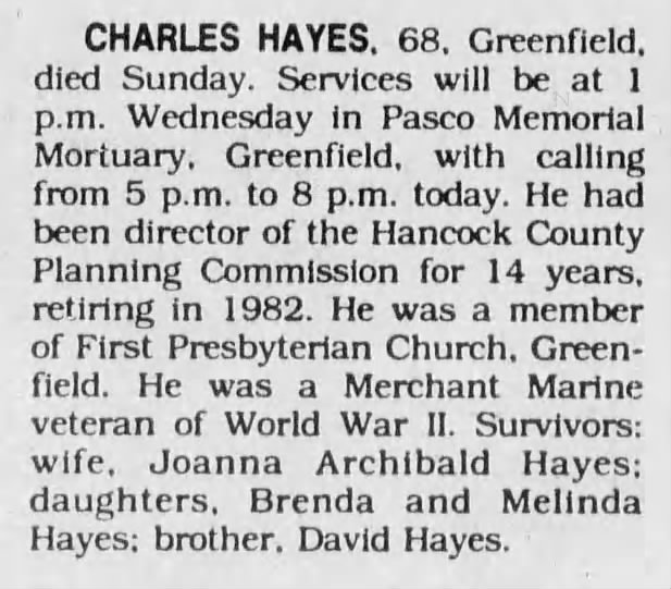 Charles Hayes son of Vance Hayes dies The Indy Star 1 Nov 1988