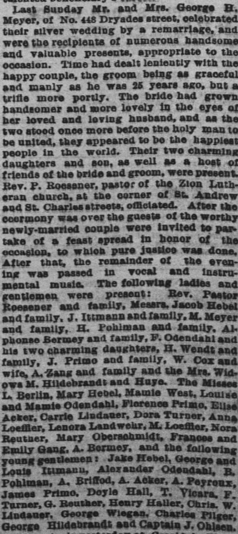 Mr. & Mrs. George H. Mayer celebrate 25th anniversary with a remarriage.  03/25/1888