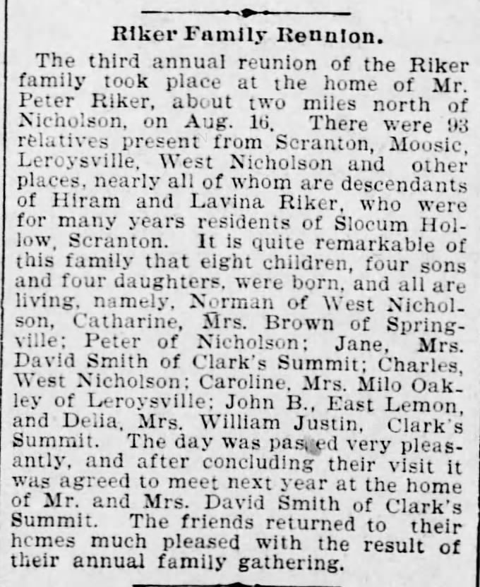 3rd anual Riker reunion at Peter Riker's 
In paper 8/22/1899