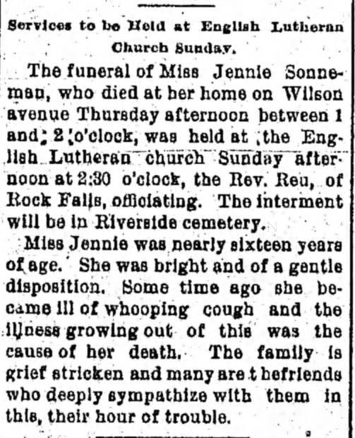 Jennie Sonnemans Death Notice1-14-1897