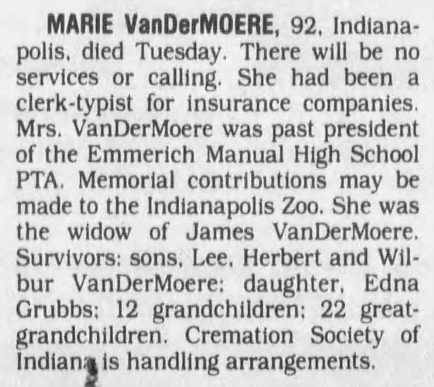Marie VanDerMoere obituary The Indianapolis Star 19 May 1994 p43