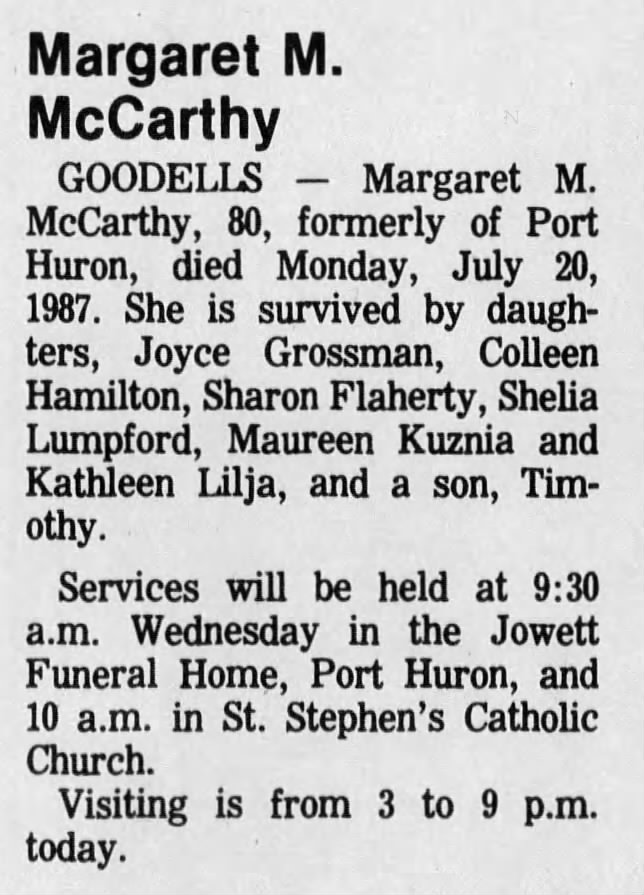 Margaret M McCarthy, obituary, The Times Herald (Port Huron, MI), 21 Jul 1987, p. 2, col. 3