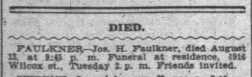 Joseph H Faulkner death 14 August 1899 p3