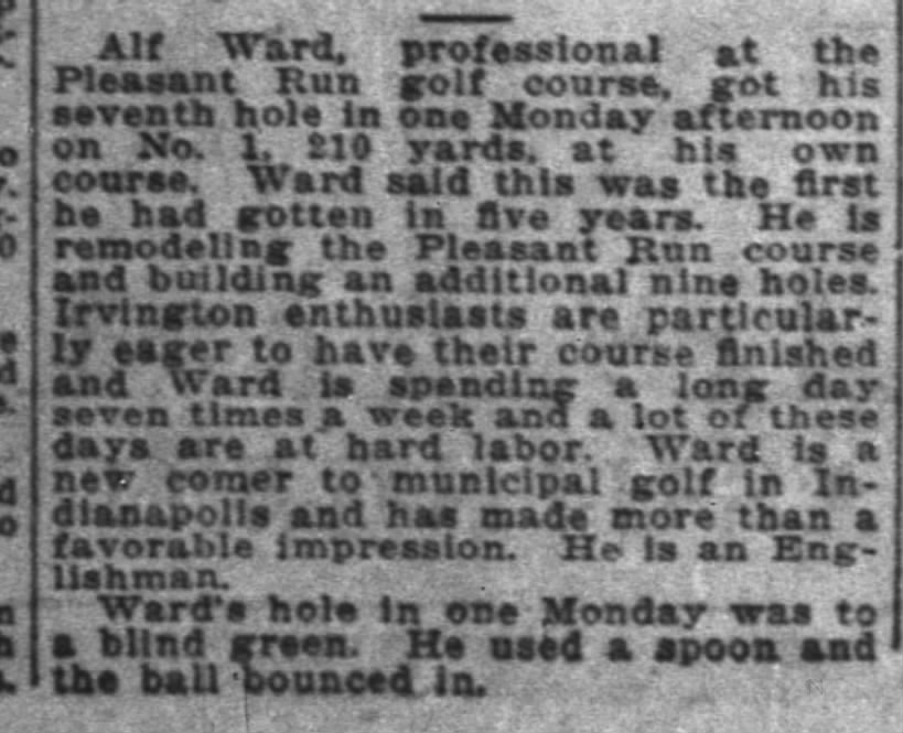 Alf Ward, Pleasant Run, 7 hour days, Englishman, The Indianapolis News, 7 Aug 1923, p 20.