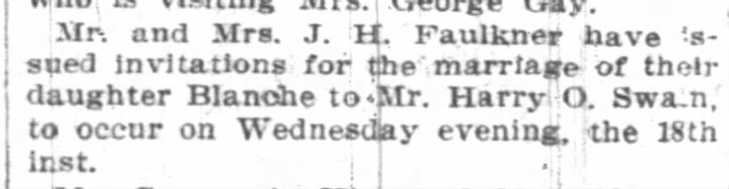 Blanche Faulkner and Harry O Swain marriage nnouncement 14 Nov 1896