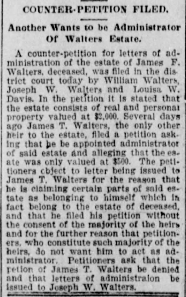 Children of James F Walters petition for administrator of estate, 31 Oct 1902, p. 2