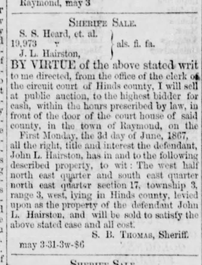 John L Hairston - land sale 1867
