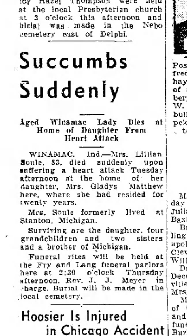 Lillian Moffatt Soule Obituary
Logansport Pharos-Tribune
Logansport, Indiana
2 June 1937