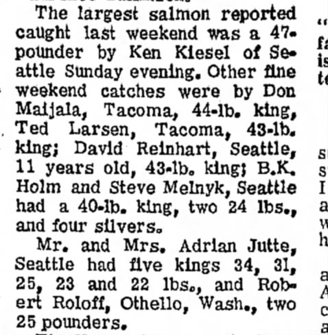 Mr & Mrs Adrian Jutte king salmon catch 13 Aug 1965
