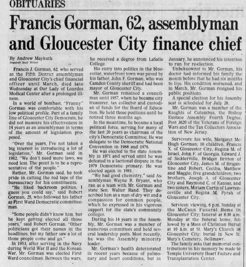 Obituary for Francis J. Gorman (Aged 62)