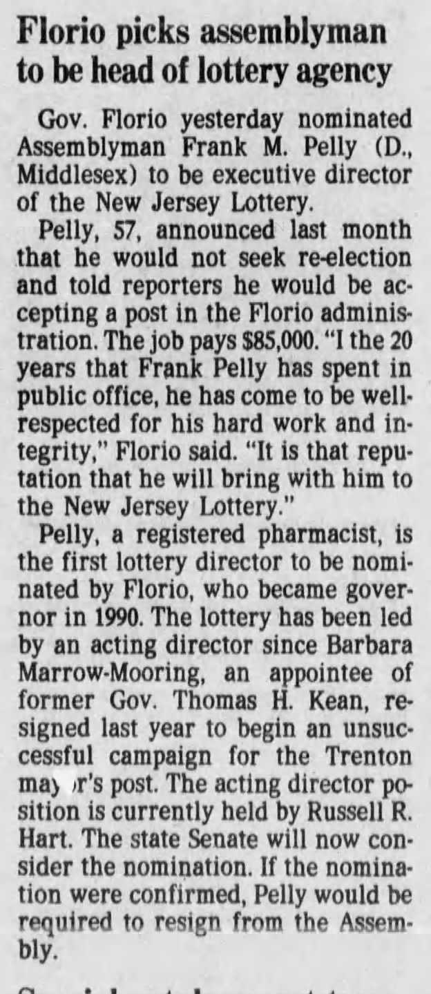 Frank Pelly Appointed to Head New Jersey Lottery