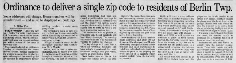 Berlin Township adopts a single ZIP code