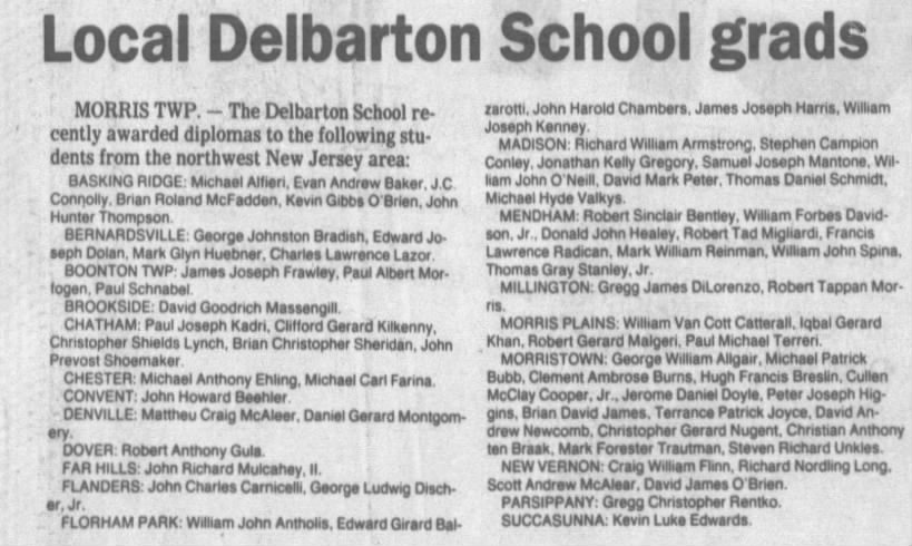 Delbarton 1982 graduates by hometown