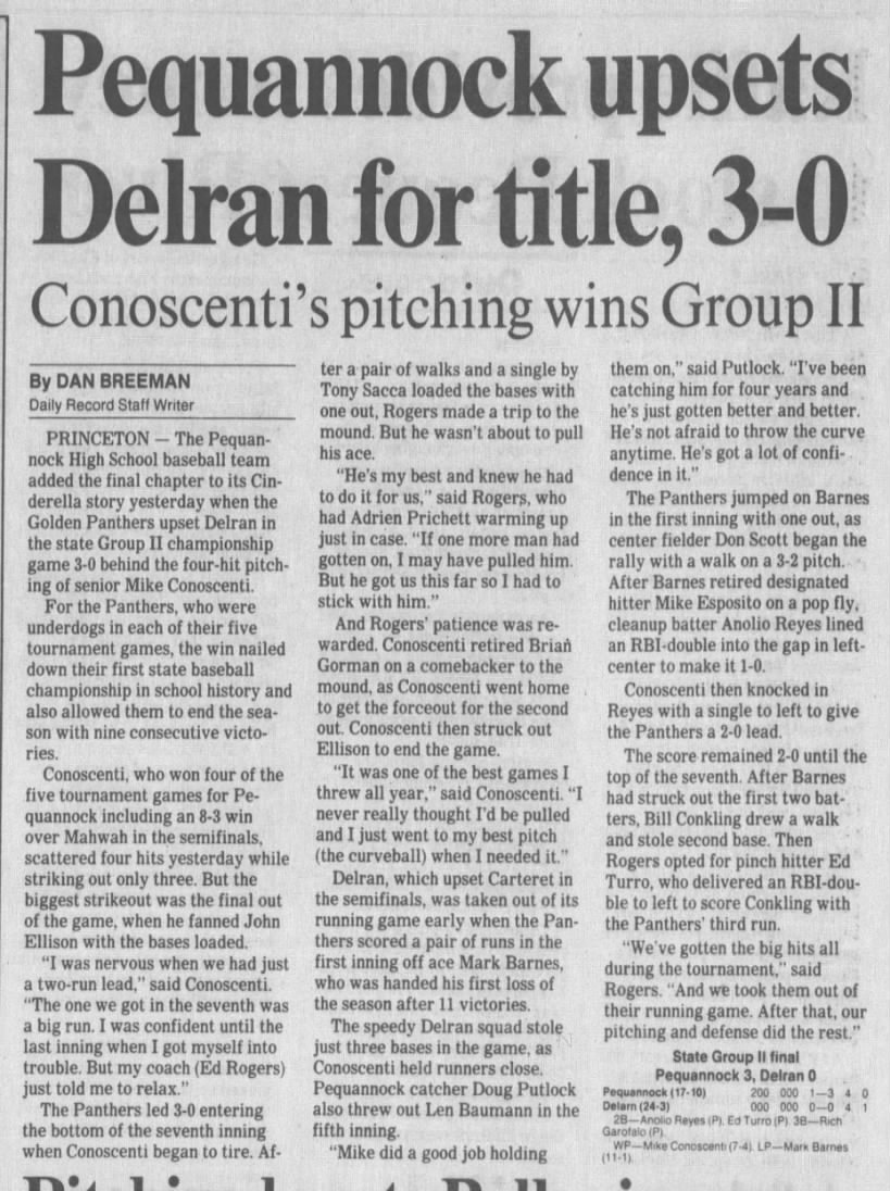 Pequannock defeats Delran for 1988 Group II baseball title.