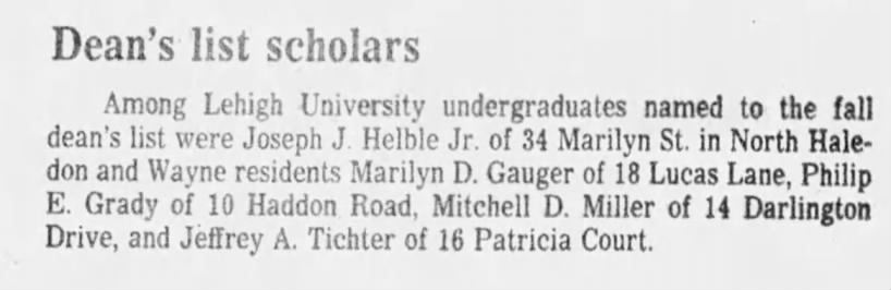 Joseph J. Helble of North Haledon named to Lehigh University dean's list