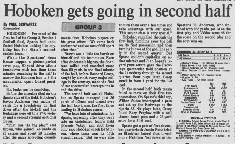 Hoboken defeats Sparta for 1995 North I Group III football title.