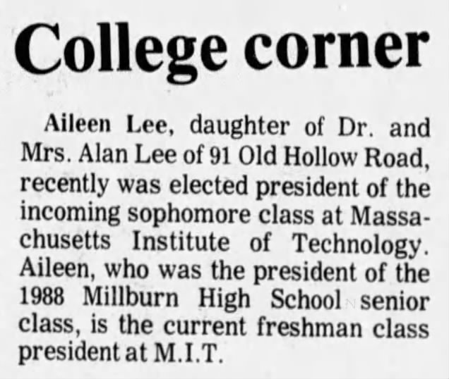 Aileen Lee graduated Millburn High School in 1988