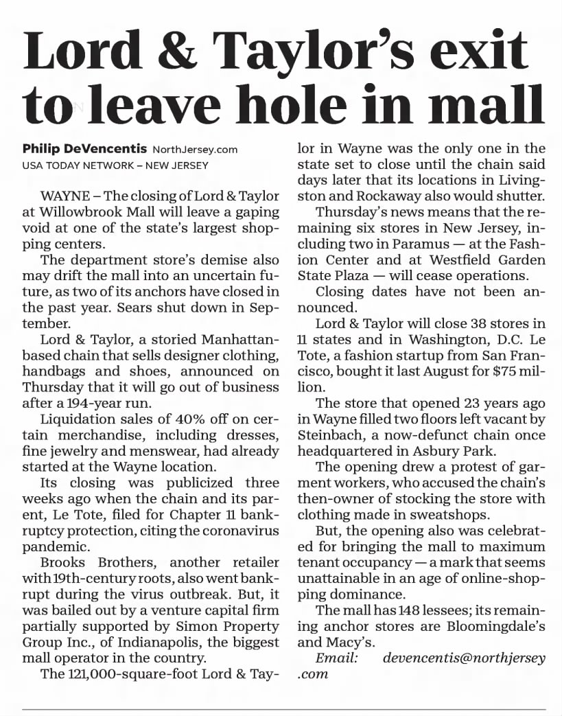 Announced closure of Lord & Taylor locations
