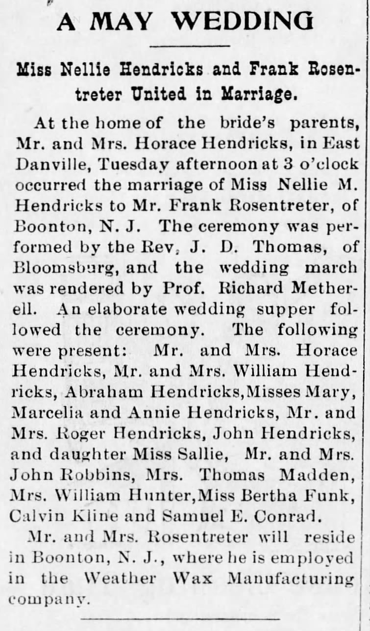 ROSENTRETER, Frank marries HENDRICKS, Nellie