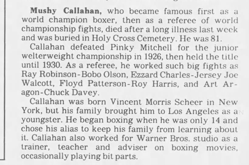 Mushy Callahan Obituary-24 Jun 1986