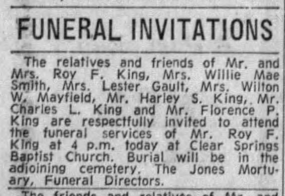 Roy F King Obituary
The Greenville News
05 July 1969, Saturday
