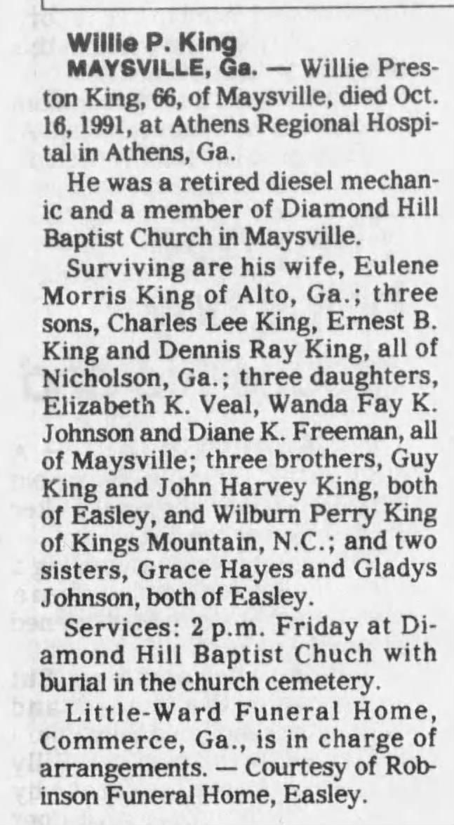 Willie P King Obituary
The Greenville News
17 Oct 1991, Thursday
