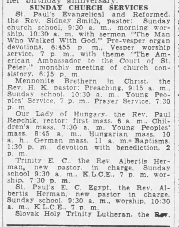 Rev. Albertis Herman new pastor in charge at Trinity E.C. May 1940