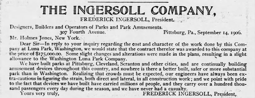 Letter from Ingersoll Company President Frederick Ingersoll on Amusement Parks Company for stocks