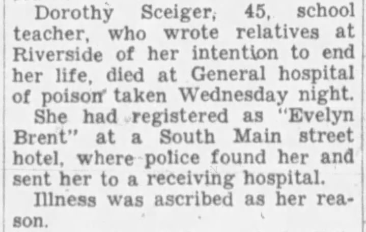 Dorothy Sceiger (seger) AKA Evelyn Brent, Suicide at Cecil Hotel 