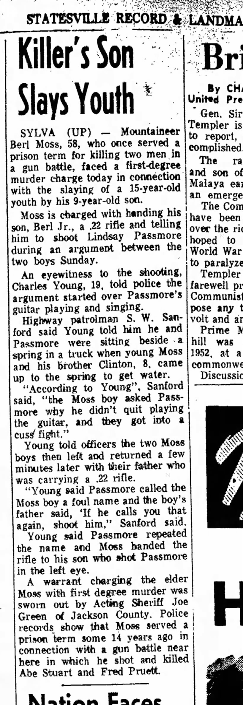"Killer's Son Slays Youth" Statesville Record & Landmark Wed. 2 June 1954, page 8