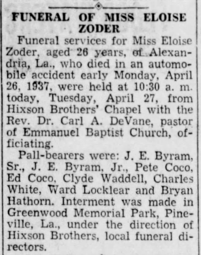 Zoder Eloise funeral April 27 1937