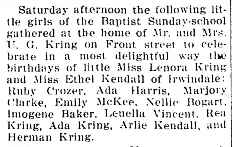 Miss Ethel Kendall Birthday celebration, 1 Jun 1912
