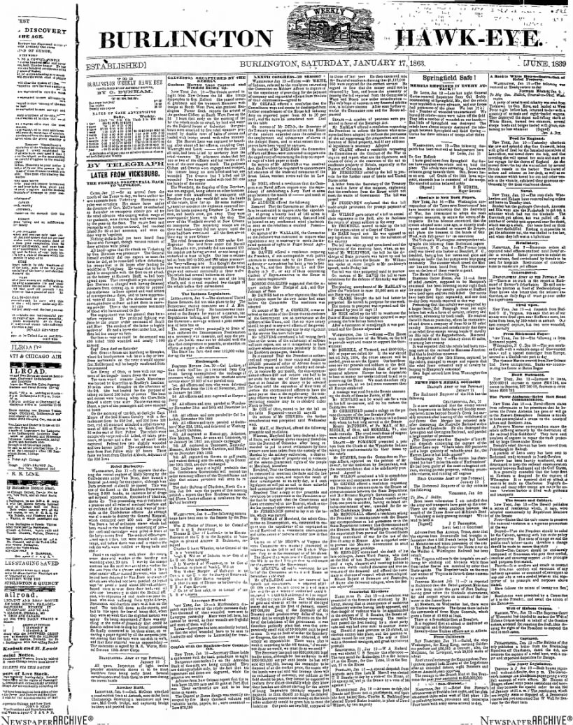 Burlington Hawk-Eye, 1863, Front page