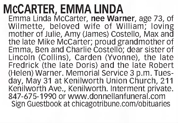 Emma Linda Warner McCarter funeral notice