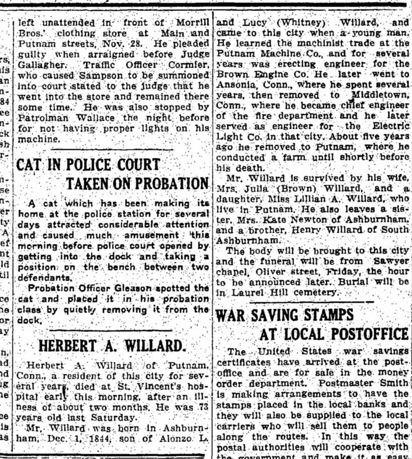 Herbert A. Willard Obituary
Fitchburg Sentinel Dec 5, 1917, pg 8 col 2&3
