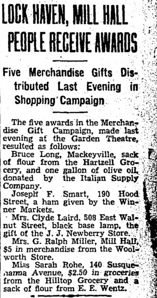 Wentz, E. E. gives Merchant Gift 1935