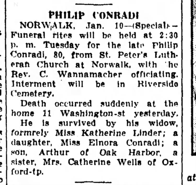 Obit for Philip Conradi 11 Jan 1938