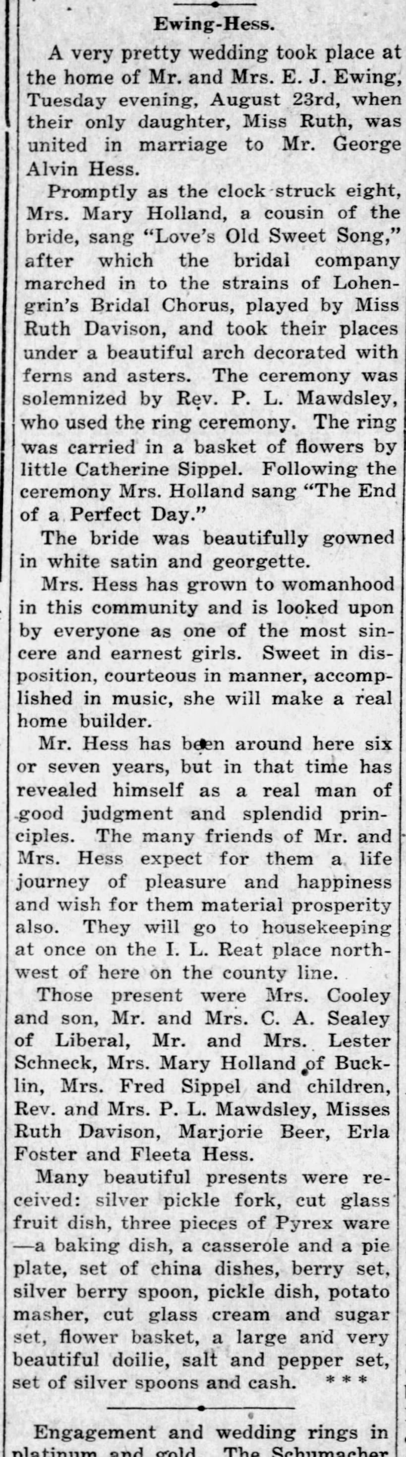 Ewing Hess Wedding Ceremony, Larned Chronoscope Newspaper, Thur August 25, 1921, Page 4