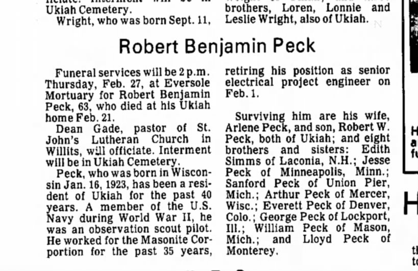 Robert Benjamin Peck Obituary